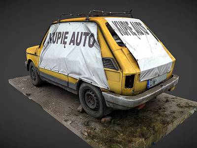 Vintage Yellow Car Covered With White Cloth Having KUPĘ AUTO Text And Roof Rack 3d model