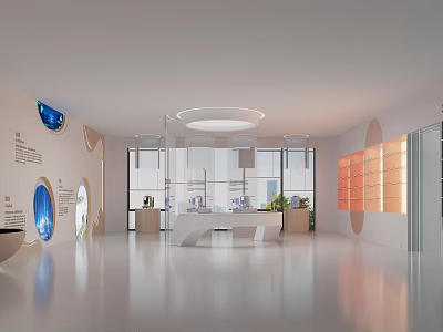 Modern Exhibition Hall Interior With Large Windows Display Shelves And Reception Desk 3d model