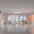 Modern Exhibition Hall Interior With Large Windows Display Shelves And Reception Desk