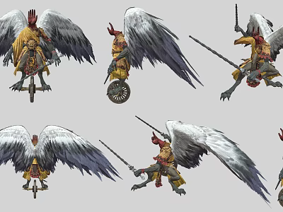 Game and Movie Character with Ornate Headpiece Large Feathered Wings Holding Spear in Multiple Poses 3d model