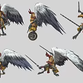 Game and Movie Character with Ornate Headpiece Large Feathered Wings Holding Spear in Multiple Poses