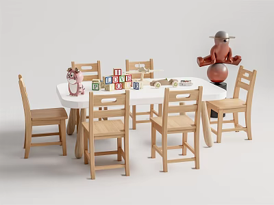 Children's White Table with Wooden Chairs Colorful Alphabet Blocks Doll and Clown Toy 3d model