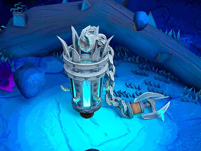 Mystical Blue Ice Scenery With Central Metal Structure Chains Ice Crystals Rocks And Spiked Plants 3d model
