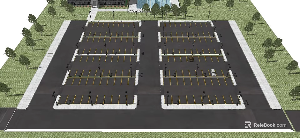 Structured Parking Lot Design With Multiple Spaces Lighting Poles And Trees 3d model 
