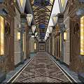 Elegant Hotel Corridor With Ornate Ceiling Chandeliers Marble Walls And Patterned Carpet