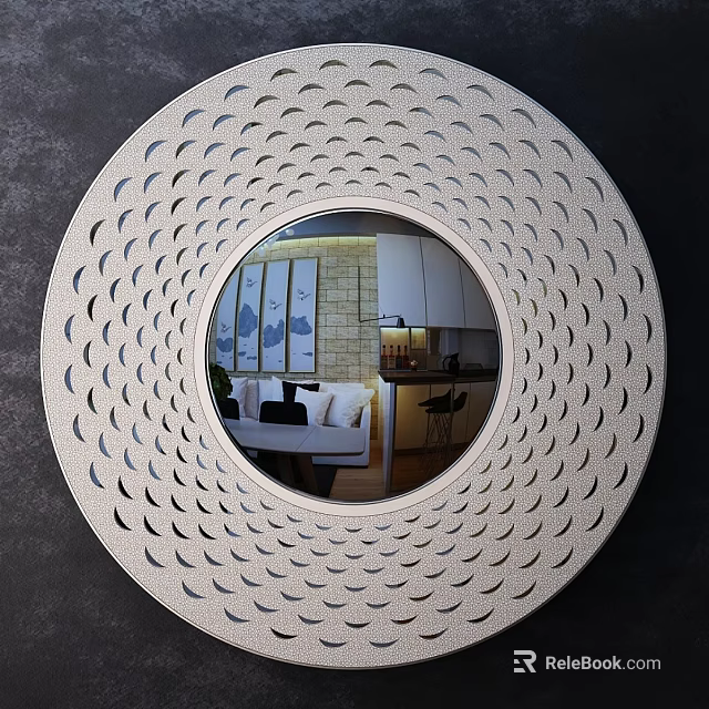 Elegant Circular Mirror with Intricate Hollow Pattern Frame Reflecting Living Room and Kitchen Interior 3d model 