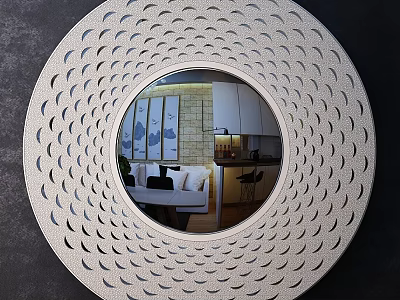 Elegant Circular Mirror with Intricate Hollow Pattern Frame Reflecting Living Room and Kitchen Interior 3d model
