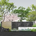 Scenic Wall Landscape Design With Trees Cherry Blossoms Rocks And Stone Pavement