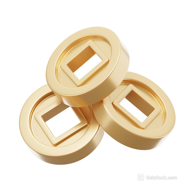 Golden Coin Shaped Decorative Ornament Set with Square Holes Stacked Design 3d model 