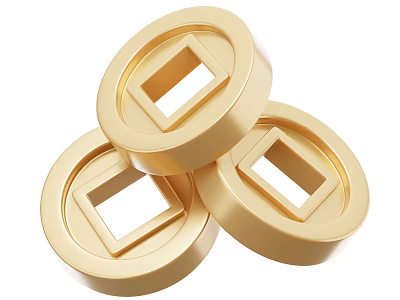 Golden Coin Shaped Decorative Ornament Set with Square Holes Stacked Design 3d model