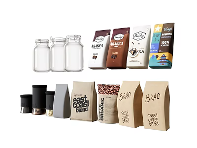 Food Packages and Storage Containers With Glass Jars Bread Bags Cocoa Products and Tins 3d model