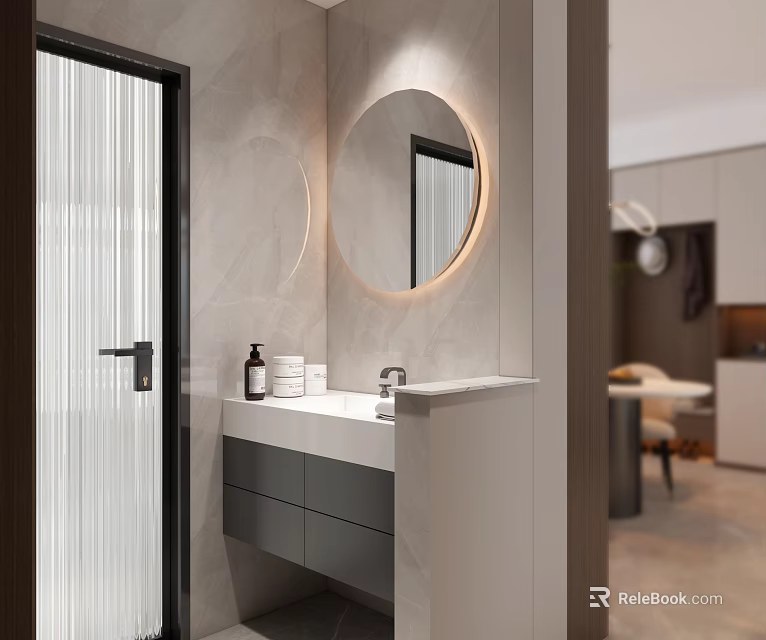 Modern Bathroom Interior Design With Round Backlit Mirror And Marble Wall Vanity Cabinets 3d model 