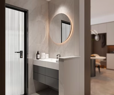 Modern Bathroom Interior Design With Round Backlit Mirror And Marble Wall Vanity Cabinets 3d model