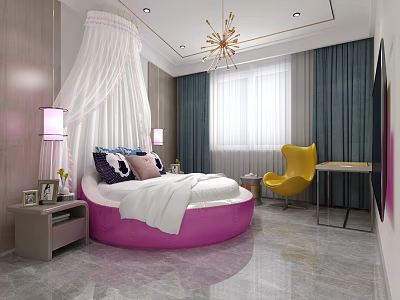 Luxurious Hotel Room Interior With Pink Round Bed White Canopy Purple Lamps And Yellow Chair 3d model
