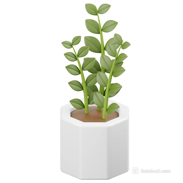 Lush Green Plant with Oval Leaves in White Hexagonal Ceramic Pot 3d model 