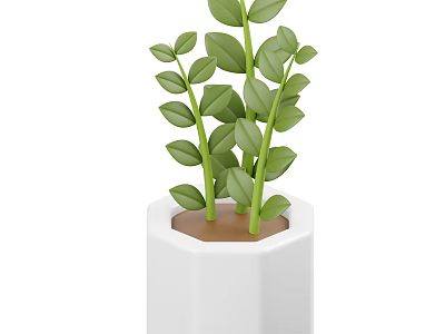 Lush Green Plant with Oval Leaves in White Hexagonal Ceramic Pot 3d model