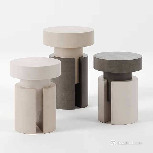 Modern Minimalist Stools In Beige And Gray Concrete With Cylindrical Structure 3d model