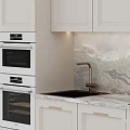 Sleek Modern White Kitchen Cabinets With Marble Backsplash Built in Ovens And Sink