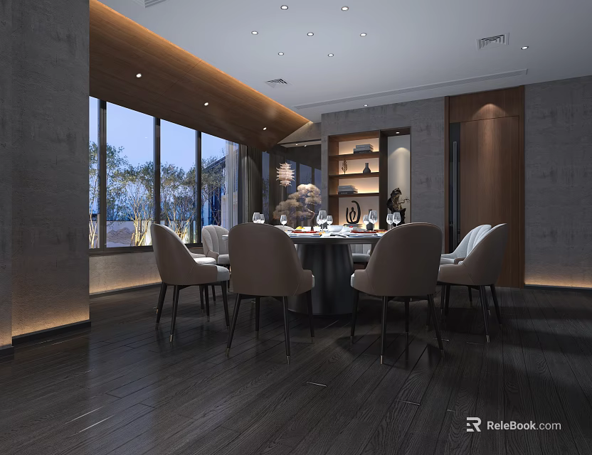 Elegant Private Dining Room Interior With Round Table Beige Chairs And Large Windows 3d model