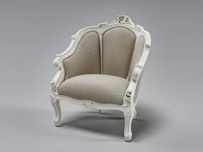 Elegant Classic Single Chair With White Carved Frame And Beige Fabric Cushion 3d model