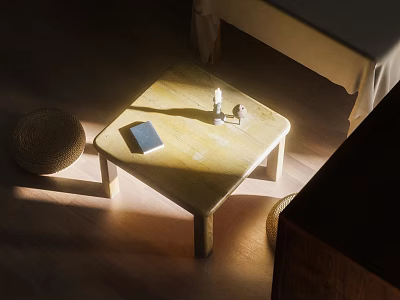 Dining Table Set With Wooden Top Candle Book And Woven Mat In Natural Sunlight 3d model