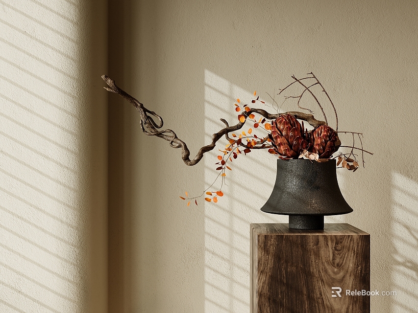 Black Vase Arrangement With Red Pinecones Orange Flowers On Wooden Stand And Window Blind Shadows 3d model 