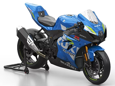 Blue Suzuki Sport Motorcycle With Green White Graphics And Black Seat On Stand 3d model