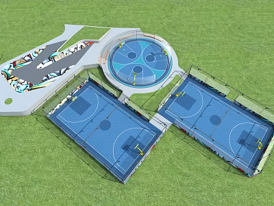 Outdoor Basketball Courts With Two Full Courts Circular Half Court Fencing And Green Grass Surroundings 3d model