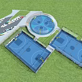 Outdoor Basketball Courts With Two Full Courts Circular Half Court Fencing And Green Grass Surroundings 3d model
