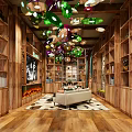 Vibrant Café Interior With Colorful Circular Ceiling Decor Wooden Bar Brunch Menu And Spiral Floor