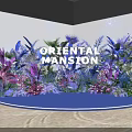 Oriental Mansion Floral Installation With Lush Green Plants Purple Foliage And Illuminated Stage