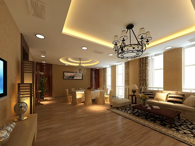 Elegant Modern Private Room Interior With Sofa Chandelier Dining Table Wooden Floor And Windows 3d model