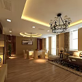 Elegant Modern Private Room Interior With Sofa Chandelier Dining Table Wooden Floor And Windows
