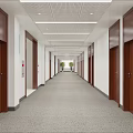 Spacious Office Corridor With White Walls Brown Wooden Doors Gray Carpet Grid Ceiling And Green Plants