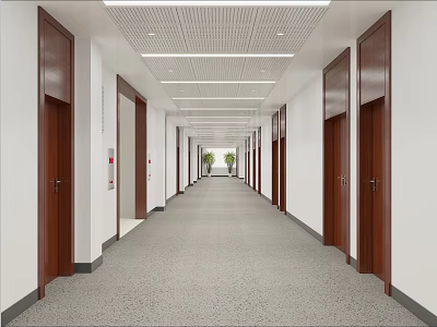 Spacious Office Corridor With White Walls Brown Wooden Doors Gray Carpet Grid Ceiling And Green Plants 3d model