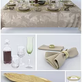 Elegant Dinnerware Set with Gold-Rimmed Plates Glassware and Gold Bow Napkins on Palm Leaf Tablecloth
