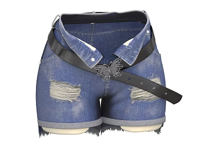Fashionable Denim Shorts with Distressed Details Cuffed Hem and Black Belt Featuring Shirt Collar Accent 3d model
