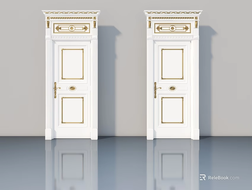Elegant White Swing Doors With Golden Trim And Classical Carved Details 3d model 