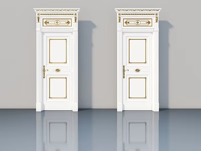Elegant White Swing Doors With Golden Trim And Classical Carved Details 3d model