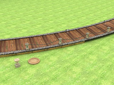 Wooden Walkway With Stone Edging And Decorative Structures On Green Grass Lawn 3d model