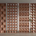 Wooden Room Dividers With Various Grid Patterns And Decorative Plant Accent