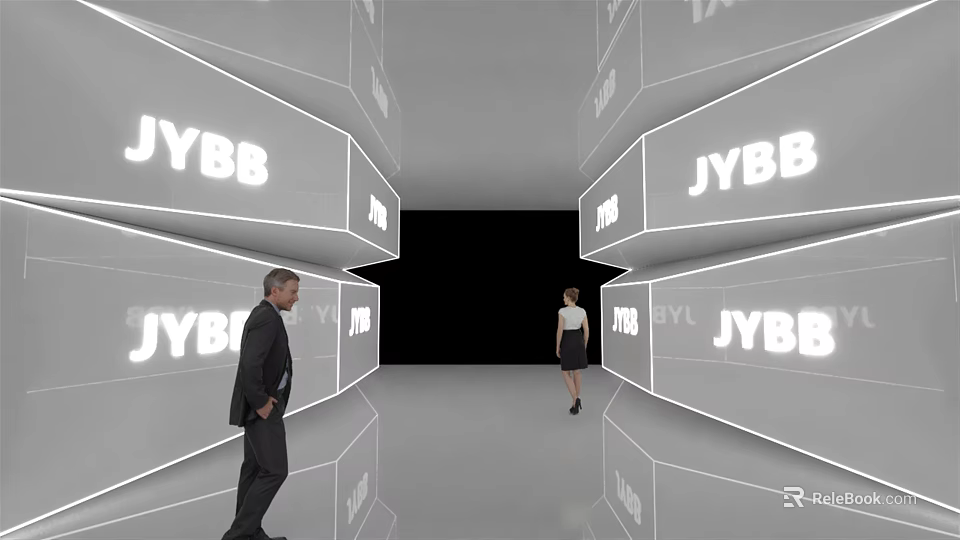 JYBB Illuminated Signs Lined Modern Corridor With People Walking Through Interior 3d model 
