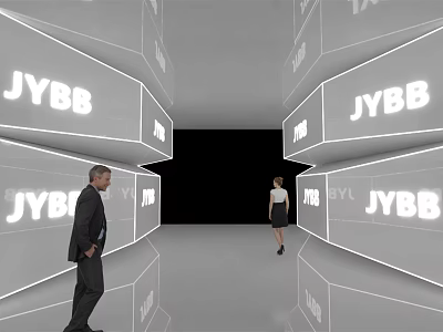 JYBB Illuminated Signs Lined Modern Corridor With People Walking Through Interior 3d model