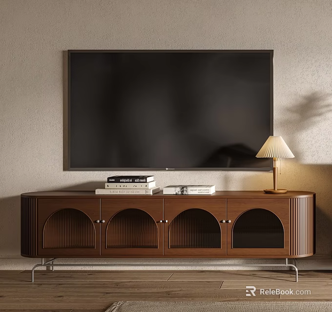 Modern Wooden TV Stand with Arched Doors Metal Legs Lamp Books under Mounted TV 3d model 