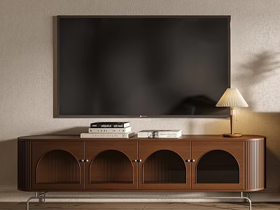 Modern Wooden TV Stand with Arched Doors Metal Legs Lamp Books under Mounted TV 3d model