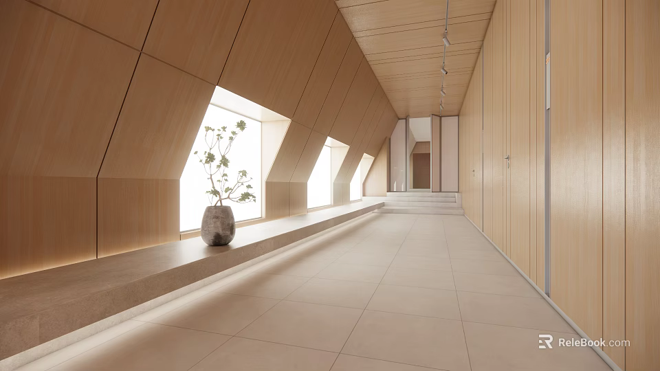 Hotel Corridor With Wooden Walls Slanted Windows Plant And Bright Tile Flooring 3d model 