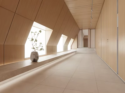 Hotel Corridor With Wooden Walls Slanted Windows Plant And Bright Tile Flooring 3d model
