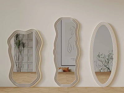 Irregular Oval Shaped Decorative Mirrors Reflecting Plants And Artwork On Wall 3d model