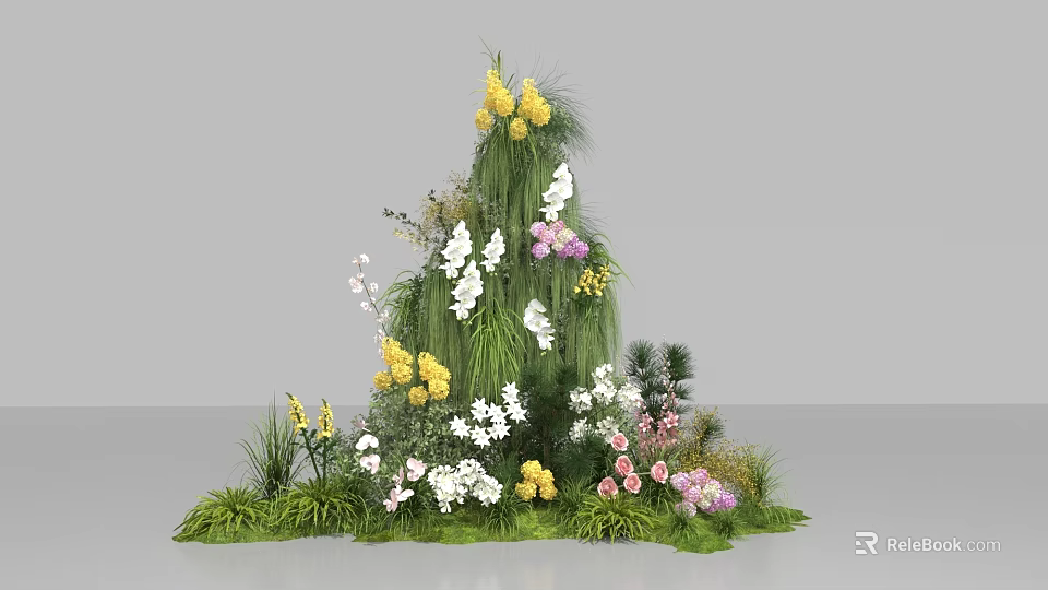 Tiered Floral Display With Colorful Yellow White Pink Purple Blooms And Green Plants 3d model 