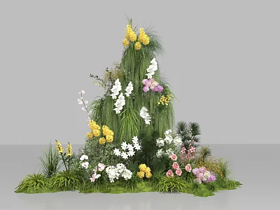 Tiered Floral Display With Colorful Yellow White Pink Purple Blooms And Green Plants 3d model